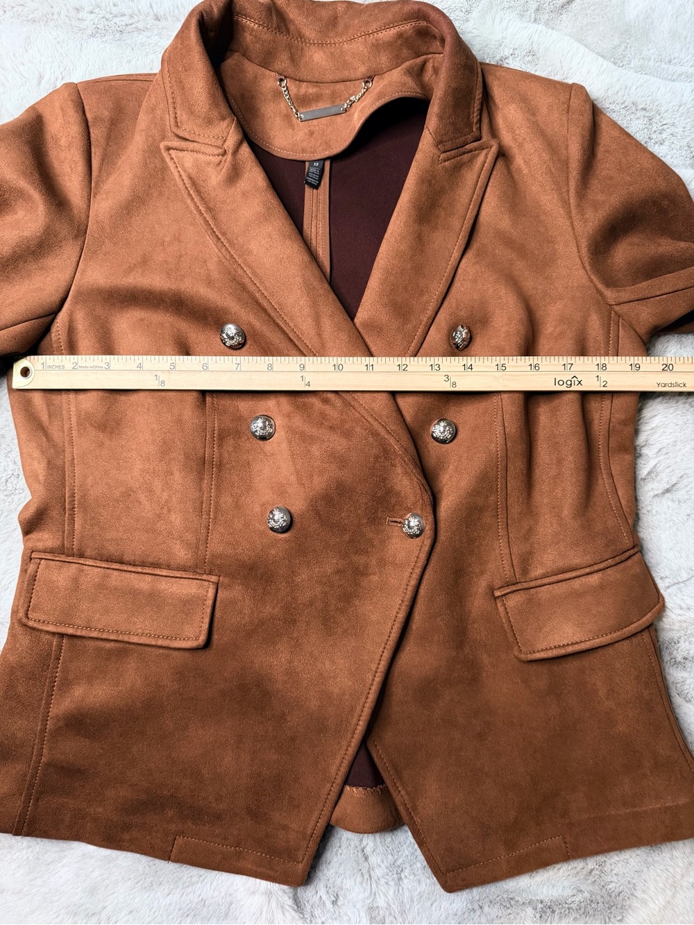 WHBM White House Black Market Faux Suede Blazer Size 12 Cognac Double Breasted - Picture 9 of 11